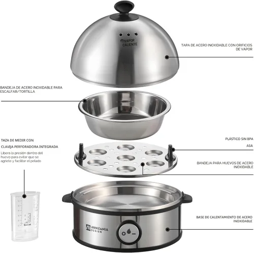Vista 4 de Annie & Mia Design Cocedor eléctrico para huevos, caldera de huevos de acero inoxidable con capacidad para 7 huevos, 360 W, duro, medio, escalfador