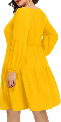 Vista 2 de Pinup Fashion Vestido tipo túnica de otoño para mujer, talla grande, manga larga, cuello en V, casual, holgado, con volantes