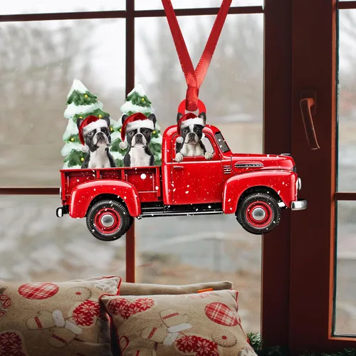 Vista 4 de Talataca Boston Terrier con camión rojo de Navidad, árbol de pino, regalo 2D plano para espejo retrovisor, accesorios para el árbol de Navidad