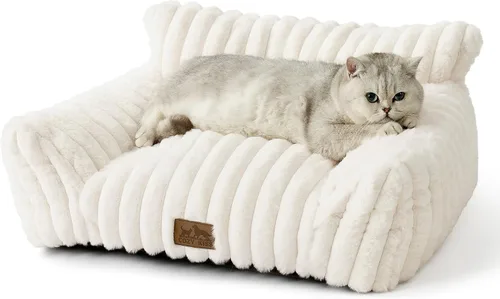 Vista 9 de COZY KISS Bonita cama para gatos con funda extraíble, sofá multifuncional de piel sintética de felpa para mascotas con manta, muebles ultra suaves
