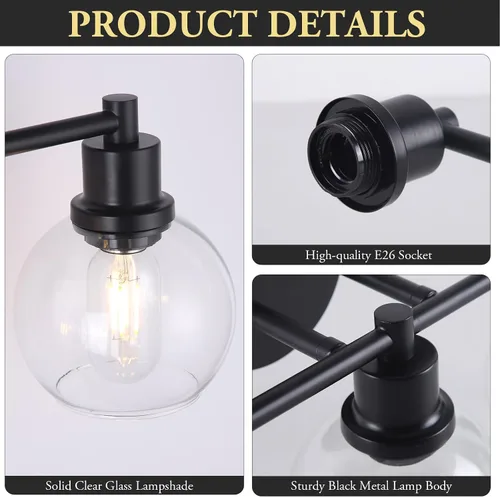 Vista 4 de Lámpara de Tocador de Baño de 3 Luces, Accesorios de Iluminación de Baño Negro con Pantalla de Globo de Vidrio Transparente, Aplique de Pared Negro