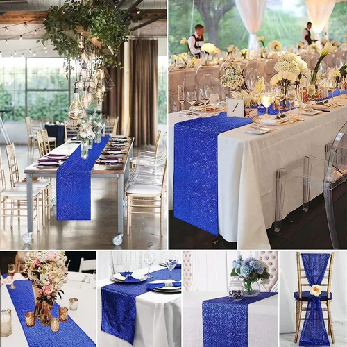 Vista 6 de yuboo Paquete de 6 caminos de mesa de lentejuelas azul rey de 12 x 72 pulgadas con purpurina a granel para decoraciones de bodas, fiestas