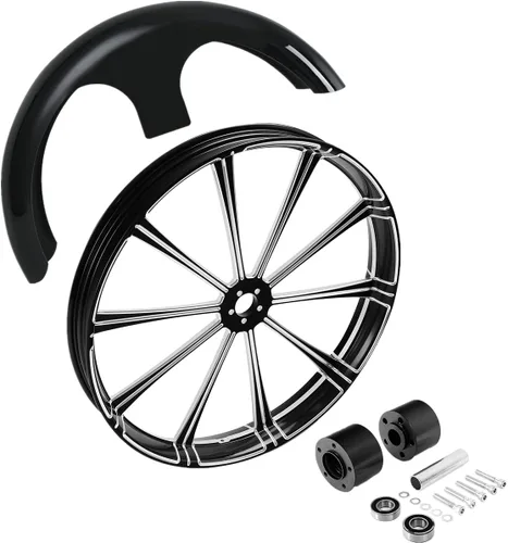 Vista 90 de TCMT Llanta de rueda delantera de 21", buje de rueda de brida de doble disco con guardabarros delantero negro sin pintar, compatible con modelos