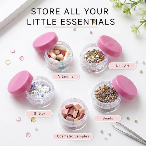 Vista 5 de Contenedores de cosméticos con tapas, tarros de loción de plástico, tarros para muestras, con tapa rosa, 0.2 oz, 25 unidades, Tarro de 3 gramos.