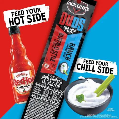 Vista 4 de Jack Link's DUOs - Palitos de carne seca de pollo con 13g de proteína, Frank's RedHot Buffalo Style con cremoso ranch, hechos con 100% pollo, dos