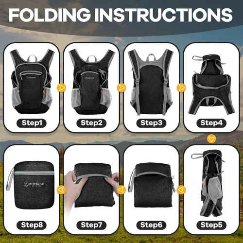 Vista 5 de ZOMAKE Mochila plegable ultraligera de 10 litros, mochila plegable pequeña, resistente al agua, mochila plegable para mujeres y hombres (negro-A1)
