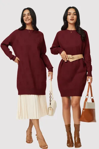 Vista 4 de Arach&Cloz Vestido de suéter de moda de otoño para mujer, de gran tamaño, cuello redondo, manga larga, suéter de punto, ropa de invierno