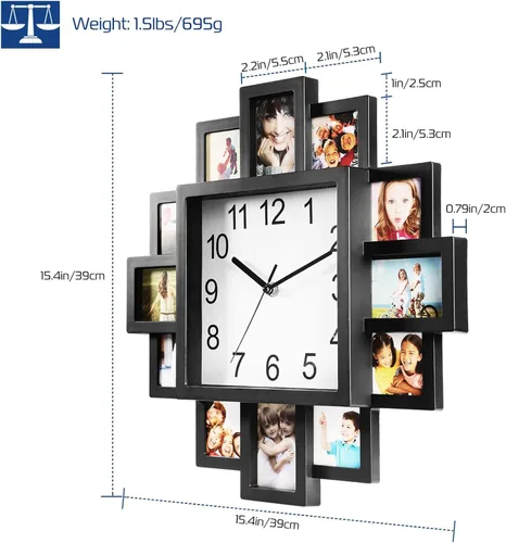 Vista 2 de KOCASO Marco de fotos, collage de 12 imágenes, reloj de pared para colgar en la pared, decoración del hogar, haz tu propio reloj multifoto, punto
