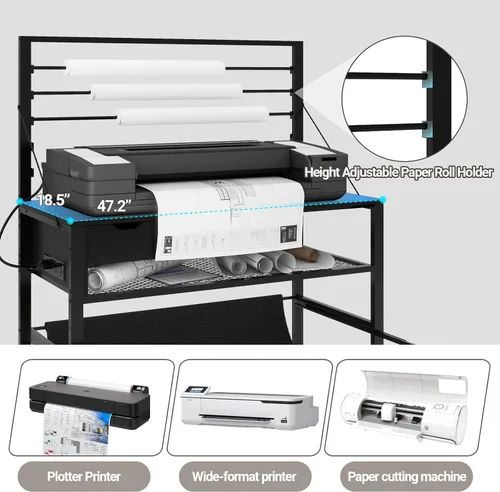 Vista 5 de Soporte para impresora de formato ancho Natwind, mesa de trabajo para plotter con almacenamiento extraíble para planos, soporte para papel en rollo