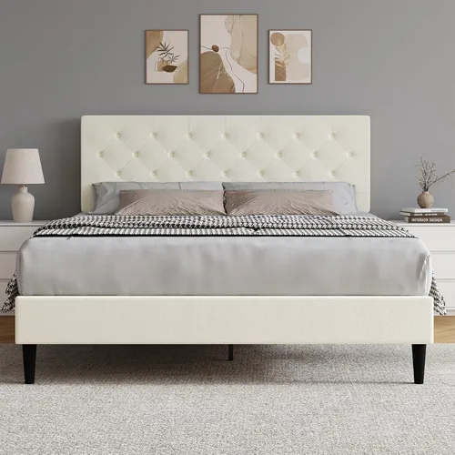 Vista 10 de HOMBCK Base de cama de tamaño individual con cabecera, base de cama tapizada con plataforma de lino para niños, base de cama de tamaño individual