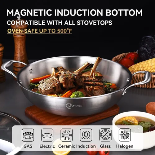 Vista 3 de LOLYKITCH Wok de acero inoxidable de tres capas de 10 pulgadas con tapa, olla de cocción de inducción de 2.5 cuartos de galón, apta