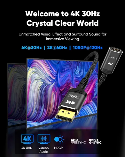 Vista 2 de Highwings Adaptador DisplayPort a HDMI de 4K, Cable Convertidor Adaptador DP a HDMI Unidireccional Macho a Hembra, Adaptador HDMI Compatible