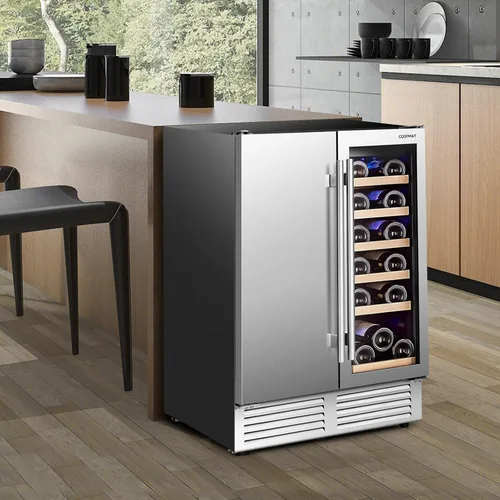 Vista 2 de COSTWAY Refrigerador de vino y bebidas, enfriador de bebidas de doble zona de 24 pulgadas con cerradura, puerta de acero inoxidable, refrigerador