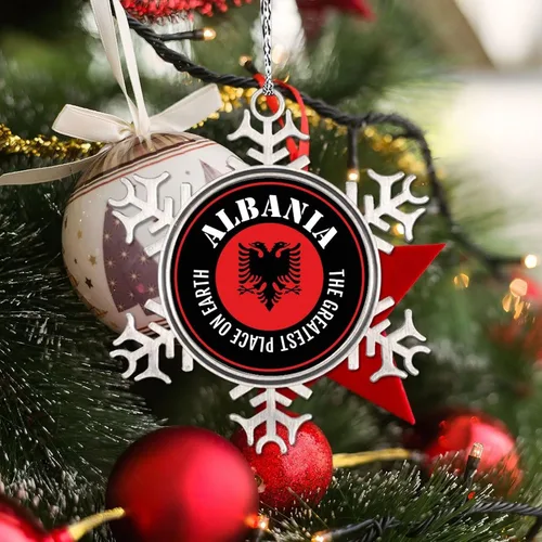 Vista 3 de Adornos de copo de nieve de Albania, adornos para árboles de Navidad, bandera de recuerdo de ciudad, adornos de Navidad personalizados, colgante