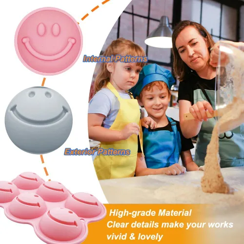 Vista 11 de Paquete de 2 moldes de silicona para gelatina de cara sonriente en 3D, molde para hornear con temática de emoticonos, bandeja de cubitos de hielo