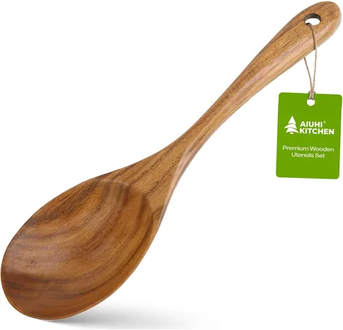 Vista 9 de Espátulas de madera, espátula de cocina plana antiadherente para cocinar, espátula de madera de teca para freír, voltear y girar