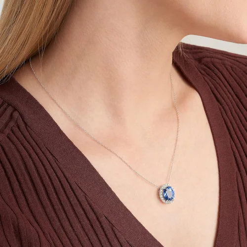 Vista 2 de 925 Sterling Silver Gemstone Birthstone and Created White Sapphire Oval Halo Pendant Necklace, 18
