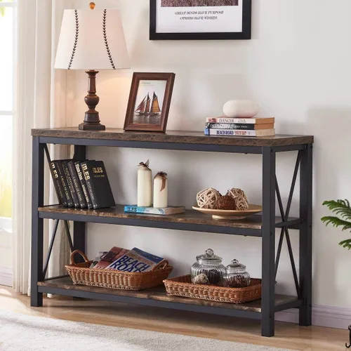 Vista 9 de Mesa de consola rústica detrás del sofá, mesa industrial de entrada con estantes, mesas de sofá de 3 niveles estilo granja para sala de estar, Roble