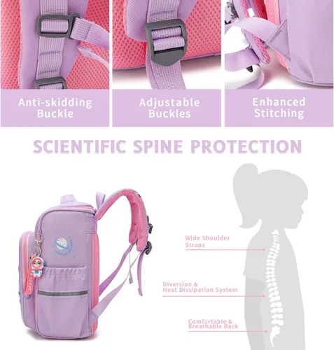Vista 3 de Maod Mochilas para niñas y niños, mochila escolar para niña con hombros acolchados y un colgante gratis, Púrpura, Mochila infantil para niñas