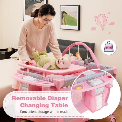 Vista 3 de BABY JOY 3 en 1 portátil Pack and Play con moisés, cuna de viaje convertible para bebé con cambiador, rueda de freno, Napper recién nacido