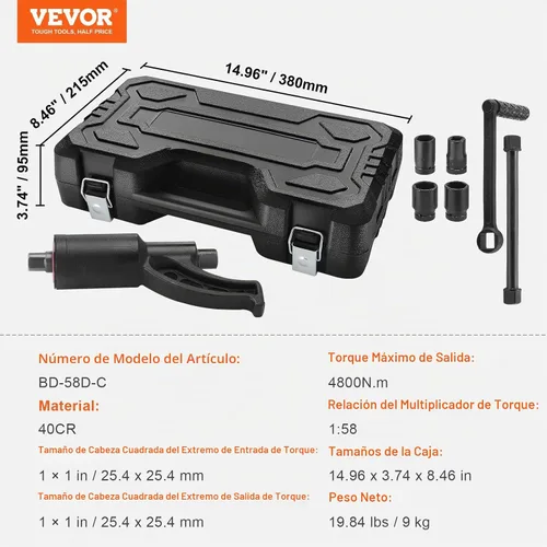 Vista 7 de VEVOR Multiplicador de Par, Juego de Llaves Multiplicadoras de Par de Servicio Pesado, Llave para Tuercas de Rueda con Impulsor de 1 Pulgada