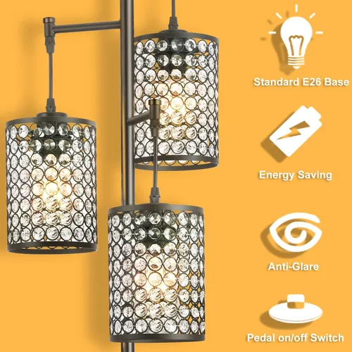 Vista 3 de YeLEEiNO - Lámparas de pie, moderna lámpara de pie de árbol de 3 luces para sala de estar, lámpara de pie de cristal con interruptor