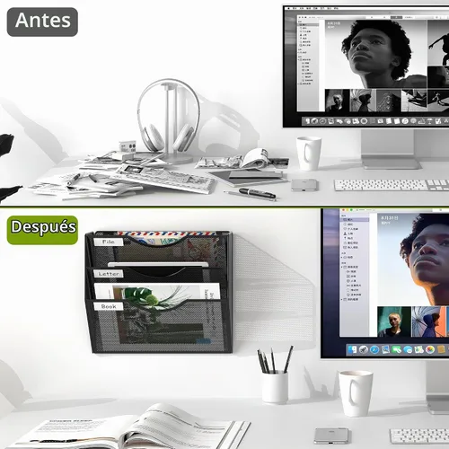 Vista 5 de EasyPAG Office - Carpeta de pared con 3 bolsillos para guardar archivos, organizador de metal para documentos Negro