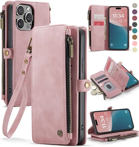 Vista 10 de Defencase Funda magnética para iPhone 13 Pro compatible con Magsafe con bloqueo RFID, correa de cremallera y tarjetero para mujer, funda de piel