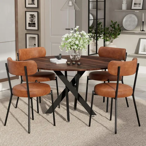 Vista 11 de Moderno juego de mesa de comedor redonda de 3 piezas, mesa de MDF circular negra y 2 sillas de comedor negras Boucle, muebles de cocina con marco
