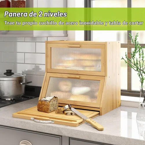 Vista 2 de BMOSU Panera grande de doble capa con tabla de cortar para encimera de cocina, panera con ventana de vidrio esmerilado de bambú (natural)