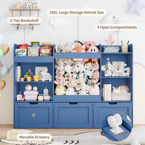 Vista 3 de Organizador de juguetes para niños de 61 pulgadas de ancho con almacenamiento de animales de peluche, estantería Montessori con 4 compartimentos