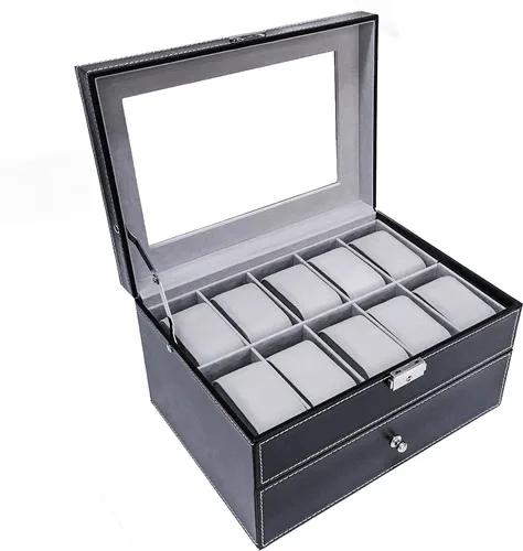 Vista 4 de Sodynee Caja superior brillante de cuero sintético de 20 cuadrículas, organizador de exhibición de relojes de joyería, caja superior grande