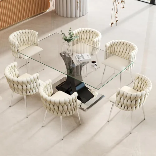 Vista 13 de Juego de comedor moderno de vidrio de lujo de 5 piezas, juego de cena rectangular minimalista grande para 4, juego de mesa de cocina de vidrio