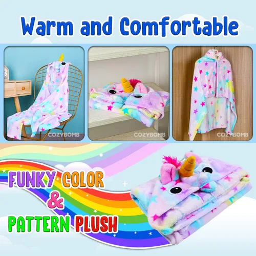 Vista 3 de CozyBomB Unicorn Gifts for Girls Wearable Fleece Soft Throw Blanket for Kids - Cute Hooded Plush Bathrobe Cozy Wrap with Hood
