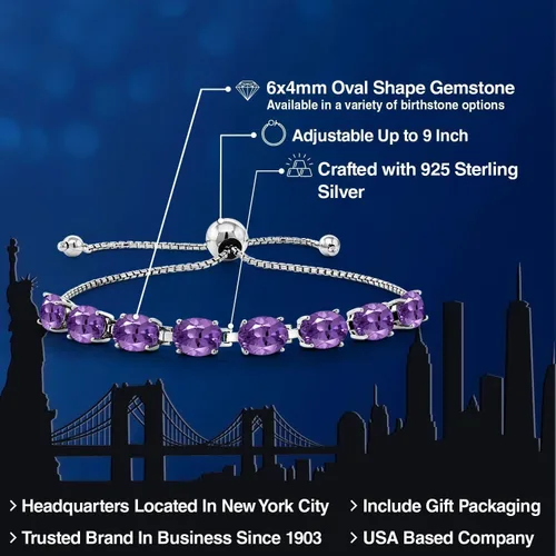 Vista 160 de Gem Stone King Pulsera de plata de ley 925 con piedra natal ovalada de 0.276 x 0.197 in para mujer, totalmente ajustable hasta 9 pulgadas