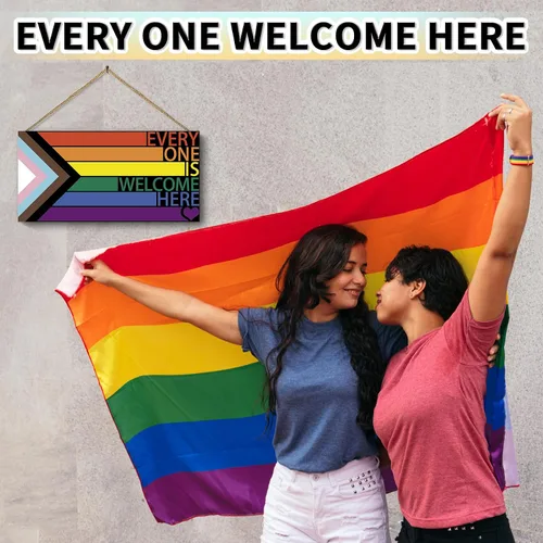 Vista 5 de Letrero LGBT de arco iris para puerta delantera, decoración de pared de madera con texto en inglés "Every One Is Welcome Here