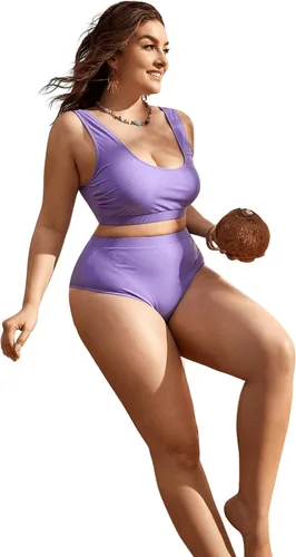Vista 4 de Floerns Traje de baño de dos piezas con cuello redondo y cintura alta para mujer