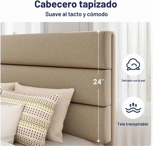 Vista 4 de Allewie Base de cama de plataforma de tamaño individual con cabecera tapizada de tela y soporte de listones de madera, base de colchón totalmente