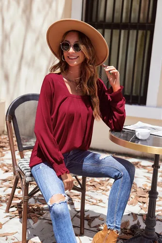 Vista 3 de Zeagoo Camisas de manga larga para mujer, cuello cuadrado, plisadas, blusas de moda de ajuste holgado, tallas S-2XL