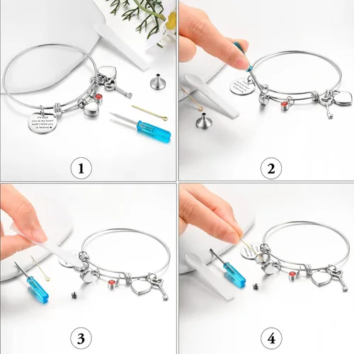 Vista 6 de Pulsera de urna para cenizas con forma de corazón para cenizas de acero inoxidable con dije de mariposa o cruz