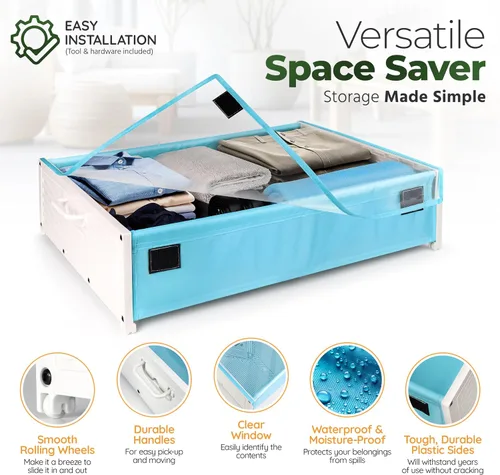 Vista 2 de Cajones de plástico para debajo de la cama con ruedas rodantes, contenedores de almacenamiento con asas dobles para un fácil acceso, organizador