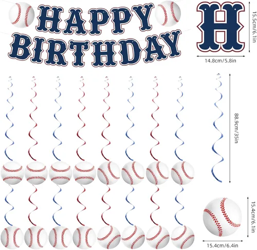 Vista 7 de KORHONEN Decoraciones de fiesta de cumpleaños de béisbol, pancarta de feliz cumpleaños y espirales colgantes para decoraciones de fiesta temática