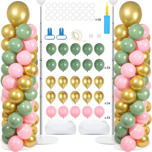 Vista 8 de Juego de 2 soportes de columna de globos plateados y blancos con 100 globos plateados con base para globos de confeti de suelo, kit de columna