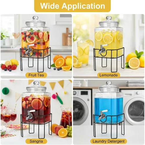 Vista 2 de Dispensador de bebidas, dispensadores de bebidas para fiestas, dispensador de bebidas de vidrio de 1 galón con soporte y tapa de vidrio, grifo 100%