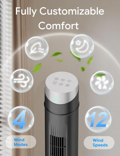 Vista 30 de ZAFRO Ventilador de torre inteligente para dormitorio, ventilador de torre oscilante de 120°, 28 pies/s de alta velocidad, 12 velocidades, 4 modos
