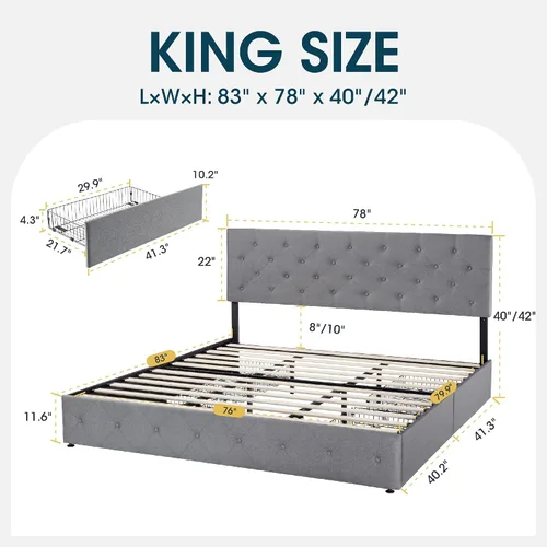 Vista 80 de WEEWAY Base de cama de plataforma tamaño King con 4 cajones de almacenamiento, cabecera capitonada con botones de costura de diamante, base de Negro