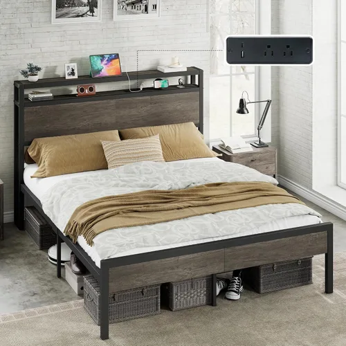 Vista 17 de AMERLIFE Base de cama tamaño Queen con cabecera de almacenamiento y estación de carga, cama de plataforma de metal industrial con gran Negro