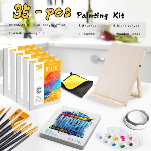 Vista 2 de Juego de Pintura Whalsure, Juego de Pintura Acrílica para Niños y Adultos - Suministros de Pintura con 18 Pinturas Acrílicas, 8 Pinceles de Pintura