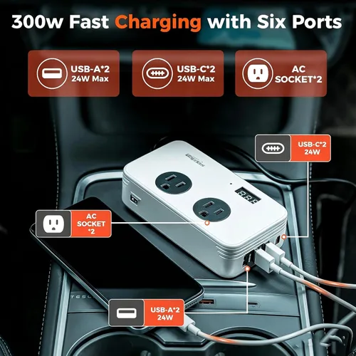 Vista 3 de inversor de corriente para coche de 300 W, adaptador de toma de corriente para coche CC 12 V a CA 110 V con USB-C PD 25W, QC3.0 y pantalla LCD