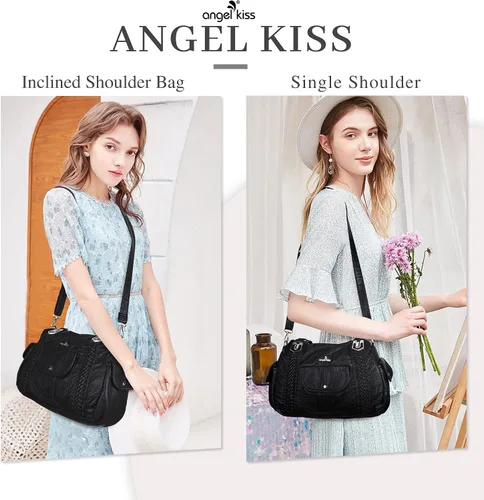 Vista 7 de Angelkiss - Bolsos y bolsos de mano para mujer, de cuero vegano lavado, bolso cruzado estilo hobo